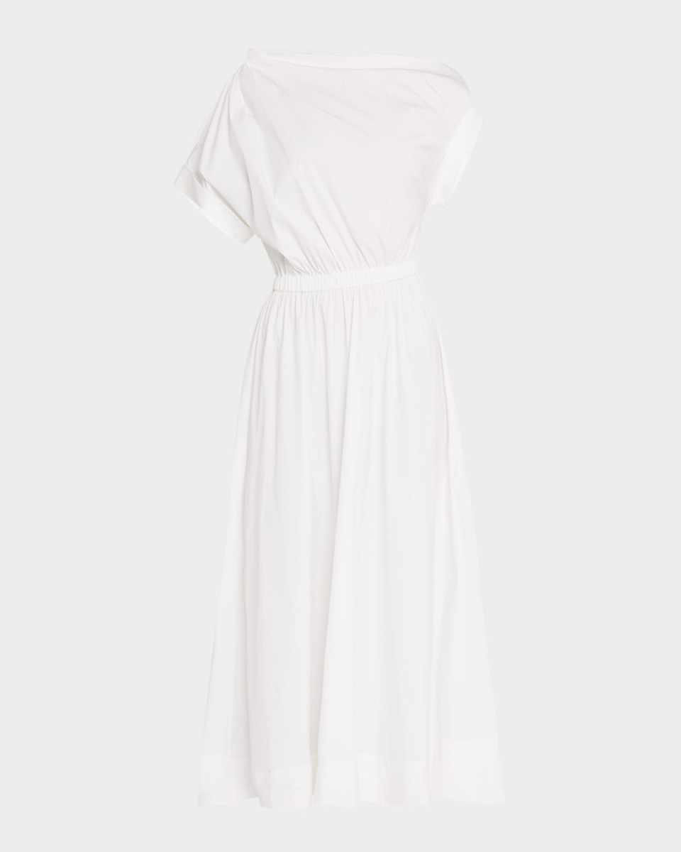 Short-Sleeve Draped Shoulder Midi Dress